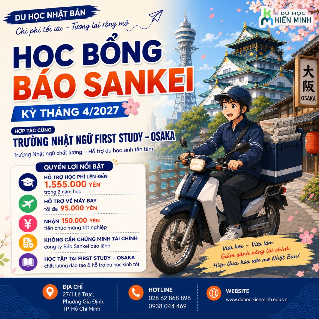 Học Bổng Báo Sankei 2027 – Điều Kiện, Quyền Lợi & Chi Phí | Du học Kiến Minh