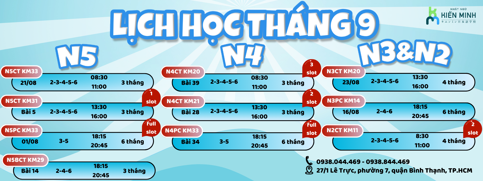 LỊCH KHAI GIẢNG KHOÁ HỌC THÁNG 9