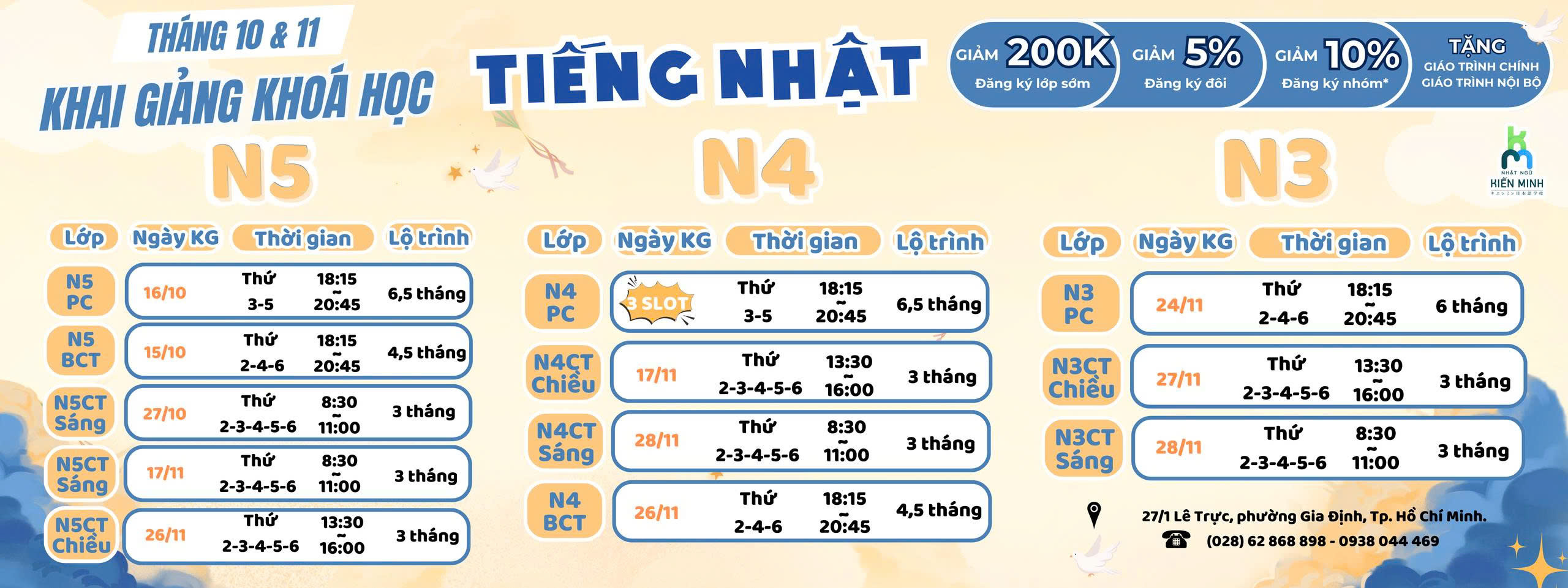 LỊCH KHAI GIẢNG KHOÁ HỌC TIẾNG NHẬT THÁNG 10 VÀ 11