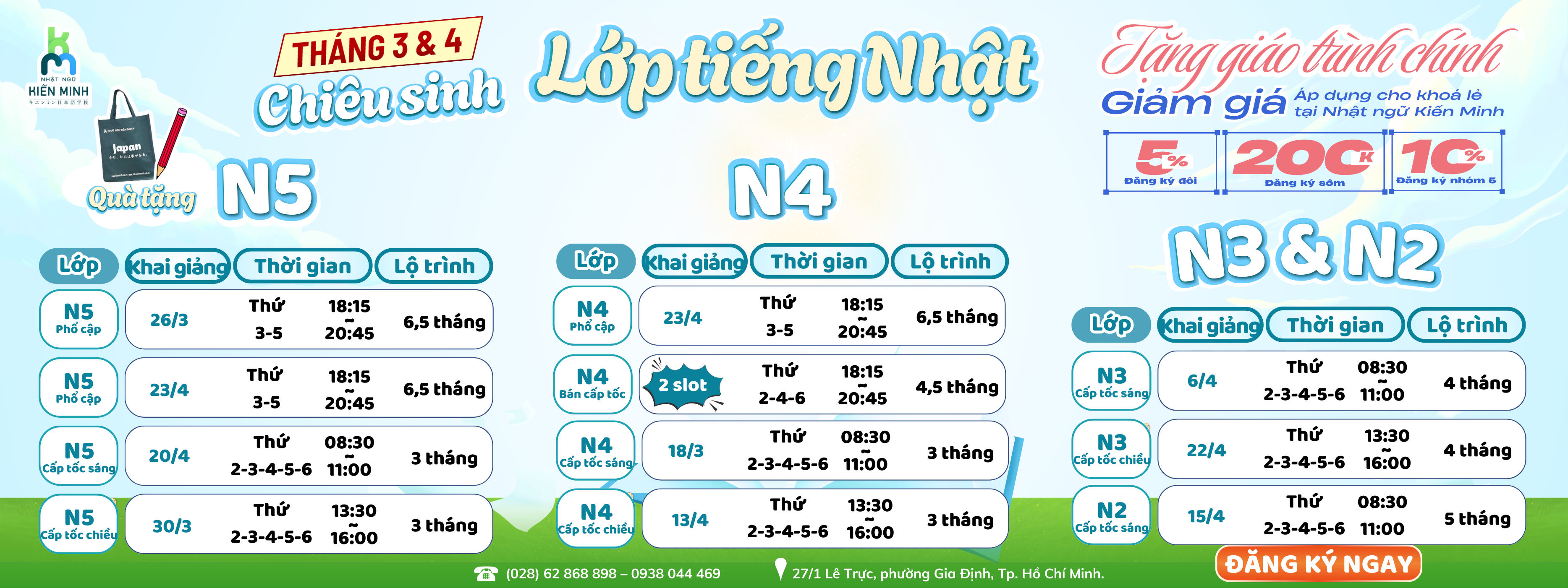 LỊCH KHAI GIẢNG KHOÁ HỌC TIẾNG NHẬT THÁNG 3 & 4